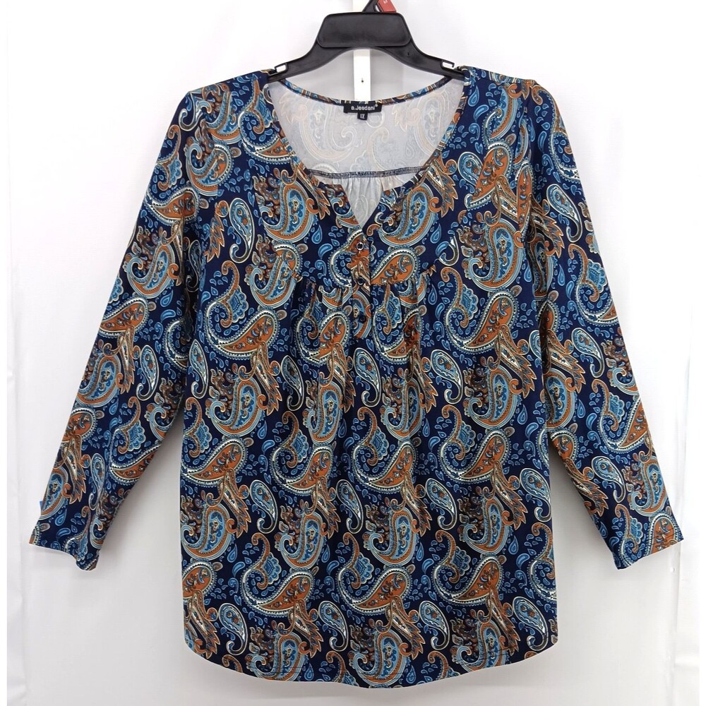 A Jesdani Shirt Womens Plus Size 1X Blue Multicolor Paisley Split V Neck Top